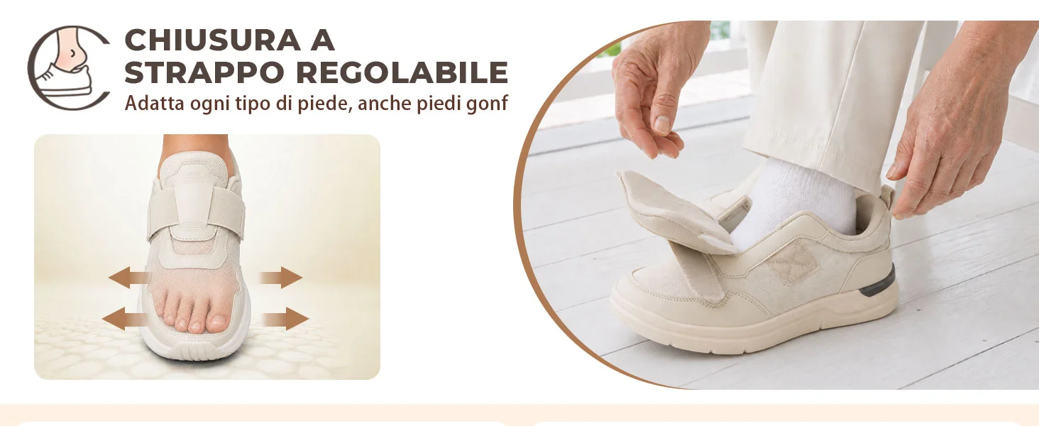 Scarpa FitStory beige con cinturino singolo sollevato mentre viene indossata